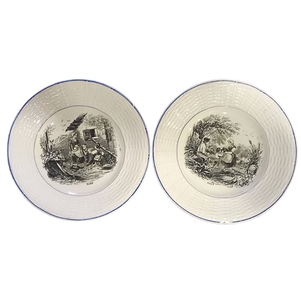 White Ceramic Serving Bowls with Blue Rim - Set of 2